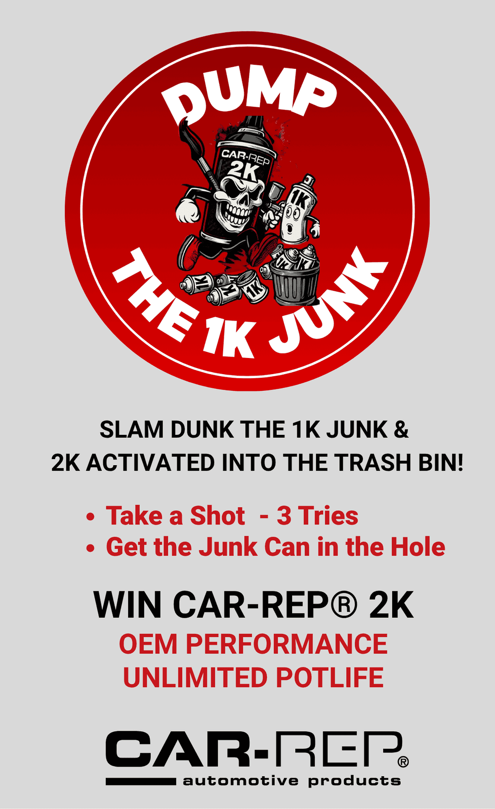 Car-Rep 2K promo poster with slogan ‘Dump the 1K Junk’ and cartoon spray cans. Car-Rep 2K promo poster with slogan ‘Dump the 1K Junk’ and cartoon spray cans.