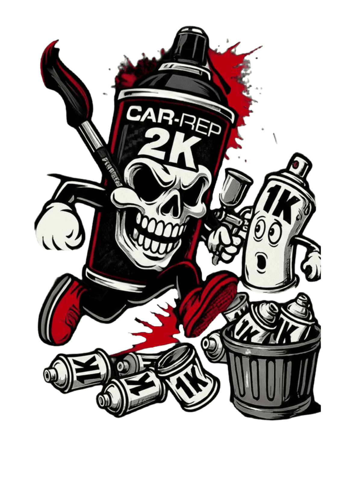 Cartoon of Car-Rep 2K spray can chasing 1K cans into a trash bin.